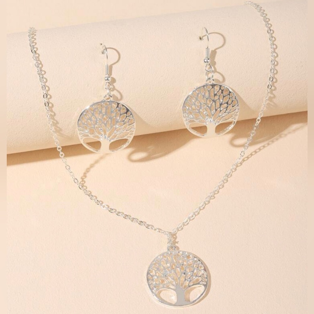 Silver Tree of Life Necklace and Earrings Set